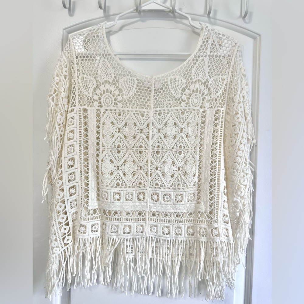Boho Crochet Lace Fringe Top Cream Short Sleeve Festival Bohemian